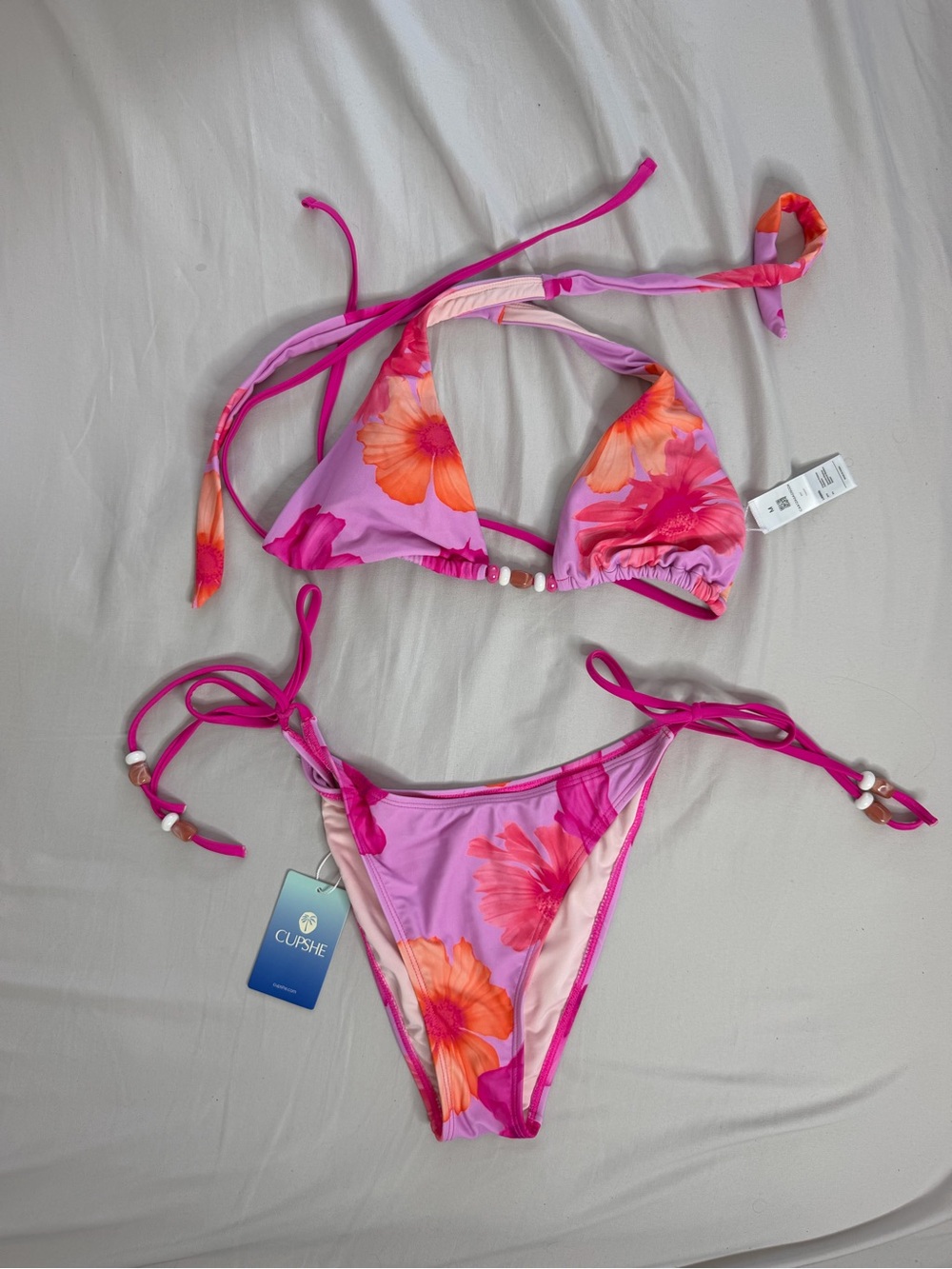 Cupshe Pink Floral Tie Bikini Set with Orange Flowers